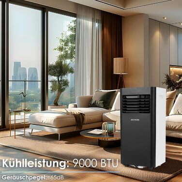 Мобільний кондиціонер Echos 3-в-1 з Wi-Fi, 9000 BTU, з витяжним шлангом, таймером 24h, пультом керування. Функції: охолодження, вентиляція, осушувач.