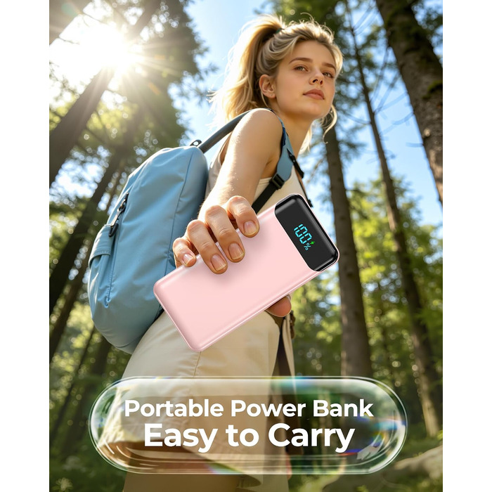 Power Bank Enerwow 27000mAh з USB-C кабелем, 4 порти, LED дисплей - Зовнішній акумулятор для iPhone та інших пристроїв (Рожевий, P300C)