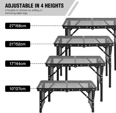 Складний стіл для кемпінгу REDCAMP 60x40 см для пікніка, BBQ, приготування їжі. Легкий, алюмінієвий, з регульованими ніжками, чорний (90x41 см)