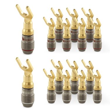 Конектори Nakamichi FanLock Excel-Serie Y-подібні, 24K позолочені, 10-18 AWG, 4мм для акустичних кабелів Hi-Fi стерео та домашнього кінотеатру, 16 шт (8 пар)