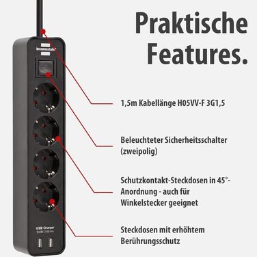 Брененштуль Ecolor Розподільник розеток на 4 розетки з USB-зарядкою (чорний) з вимикачем та кабелем 1.5м