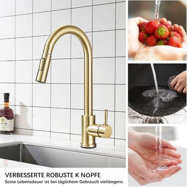 Кухонний змішувач з двома виливами, поворотний на 360°, з високим виливом та спіральною голкою, з нержавіючої сталі (золотий)