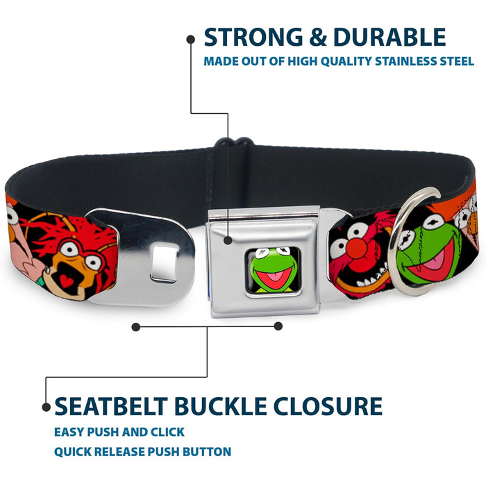 Нашийник для собак Buckle-Down з пряжкою Muppets Faces чорного кольору, 1' шириною, підходить для шиї 15-26 дюймів (38-66 см) - Великий