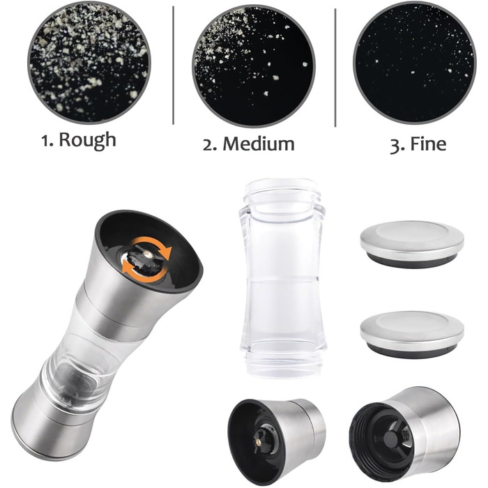 Мельниця для солі та перцю 2-в-1, ручна з регулюванням, з керамічним жорном, нержавіюча сталь