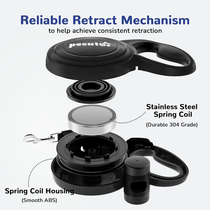 Рулетка для собак Pecute 10м, чорна, до 50 кг, антизаплутування, швидке гальмування