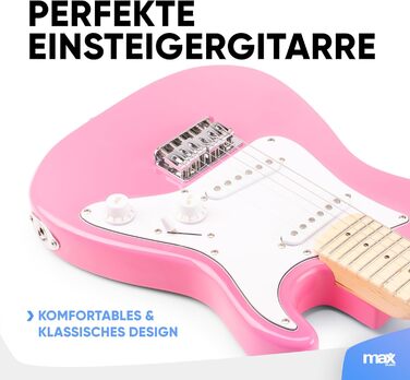 Електрогітара Max GigKit: Повний комплект для початківців (рожева, 1/4, 4/4), з підсилювачем 40W, чохлом, медіатором, ременем, тюнером, кабелем та запасними струнами