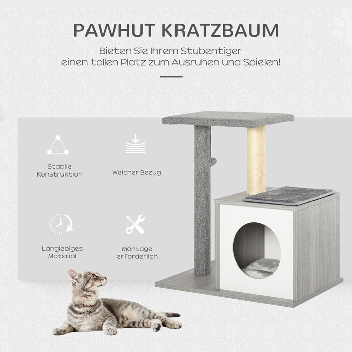 PawHut Дерев'яний кігтеточник для котів, багатоярусна котяча вежа, ігровий комплекс для кошенят з будиночком, іграшками та плюшевими подушками, сірий та білий, 59x39x62 см