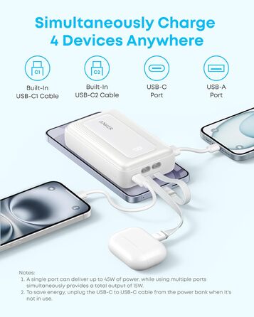 Anker Zolo Powerbank 20000mAh 45W: портативний зарядний пристрій з USB-C кабелями для iPhone, Samsung Galaxy, MacBook