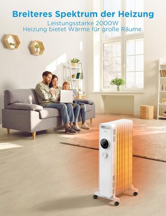 Масляний радіатор Midea NY2009-22M 2000Вт, 9 секцій, економний, тихий, електрообігрівач з термостатом, 3 режими, захист від перегріву та перекидання, ECO-режим, швидкий нагрів, портативний, білий