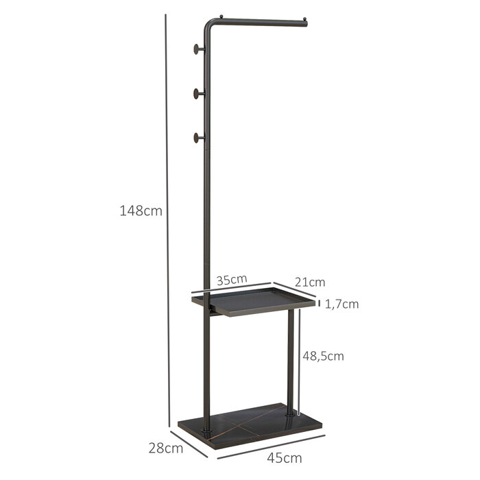 HOMCOM Coat Rack Clothes Rack with Hooks & Tray for Clothes & Hats, Hallway & Entrance, 45x28x148 cm Black