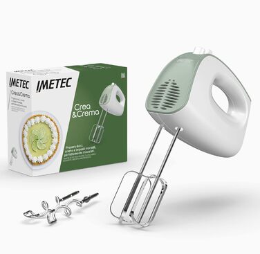 Ручний міксер Imetec Crea & Crema з довгим вінчиком для тіста та збивання, гаки з нержавіючої сталі, 5 швидкостей, турбо-функція, ергономічний дизайн, 500 Вт, білий та зелений.