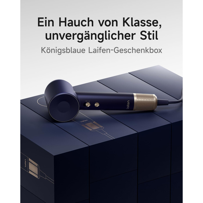Фен Laifen з магнітною насадкою, 200 млн негативних іонів, 110 000 об/хв, швидке сушіння, Swift Premium, кобальтово-синій