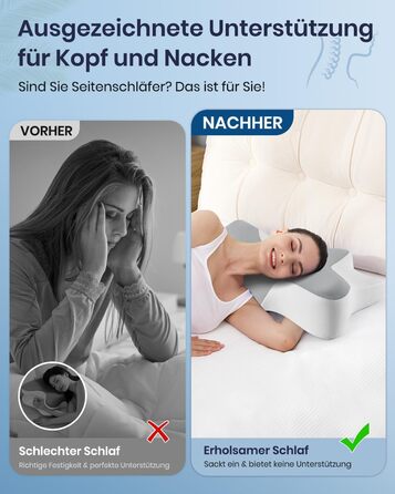 Подушка для шиї DONAMA з піни Memory Foam: ергономічна, з підлокітниками, охолоджуюча, 6 зон підтримки, для сну в будь-якій позі (сіро-біла, 66x37x13 см)