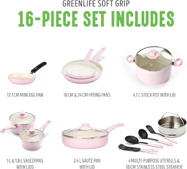 Набір сковорідок GreenLife Soft Grip з керамічним антипригарним покриттям, 18 см та 26 см, PFAS-free, для посудомийної машини та духовки, блакитний (16-частинний набір посуду, рожевий)