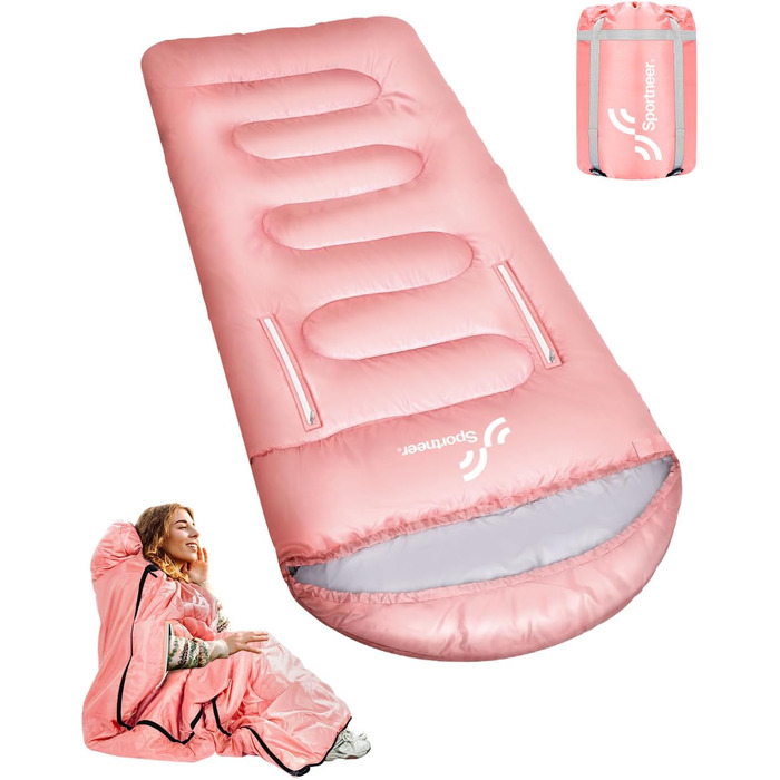 Сплячий мішок Sportneer Outdoor - ковдровий спальний мішок 3-4 сезони для дорослих, теплий, для кемпінгу, подорожей та активного відпочинку (200x85см, Рожевий)