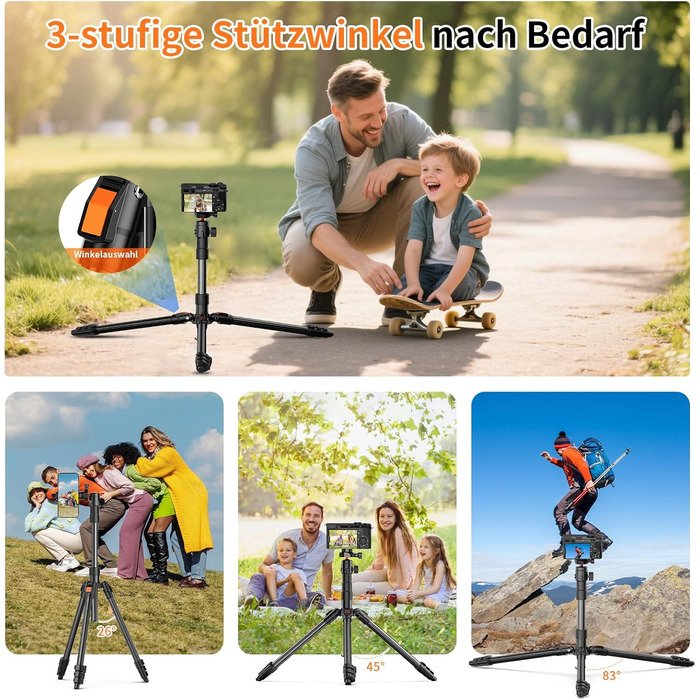 Штатив для камери XXZU 180 см, легкий, для DSLR/смартфона, з кульковою головкою 360° та 1/4-дюймовою різьбою, чорний