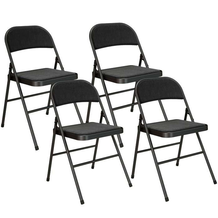 HOMCOM 4-Piece Folding Chair Set, Portable Office Chair with Cushion, Linen-Look, Steel Legs, Folding Chair for Office Reception Waiting Room, Black | Aosom