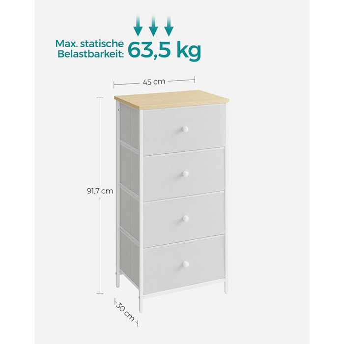 SONGMICS Chest of Drawers, Storage Cabinet with 4 Fabric Drawers, Metal Frame, Tall and Narrow, White-Oak Finish LTS314W57