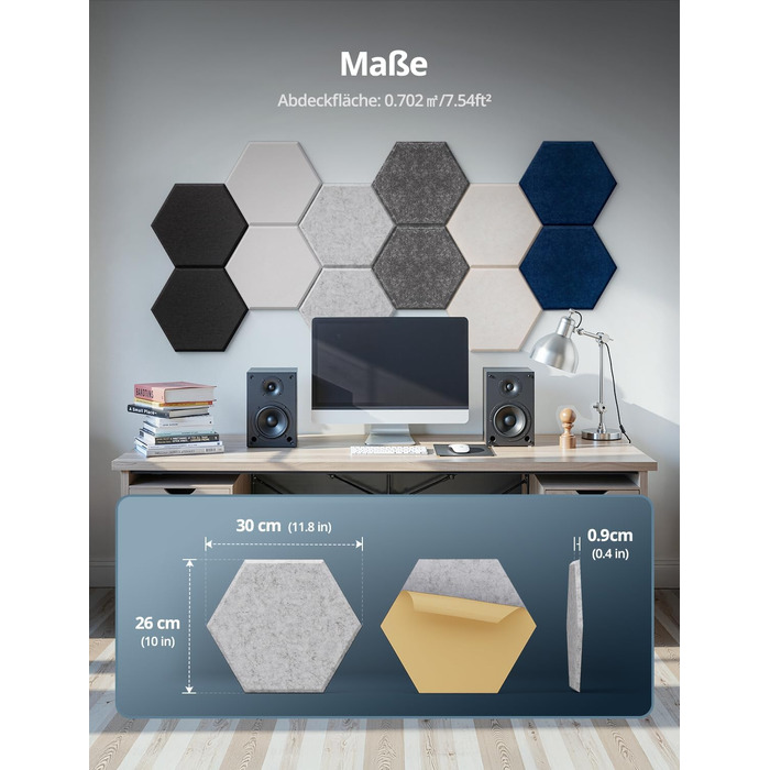 Акустичні гексагональні панелі самоклеючі, 12 шт, звукопоглинаючі шестикутні плити для студії, вітальні, геймерської зони та офісу, сірі (30 x 26 x 0,9 см)