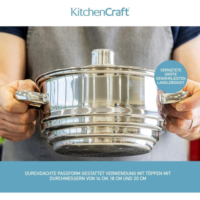 KitchenCraft 3-Tier Steamer, universal steaming insert, stainless steel, suitable for 16, 18 and 20 cm wide pots, Silver 1 Silver