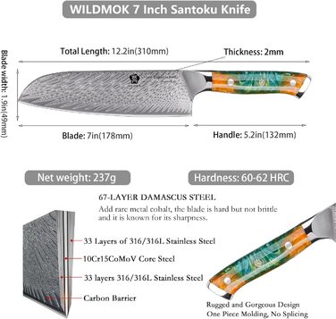 Японський кухонний ніж Santoku WILDMOK 17 см з дамаської сталі VG10, жовтий ергономічний руків'я для дому та ресторану