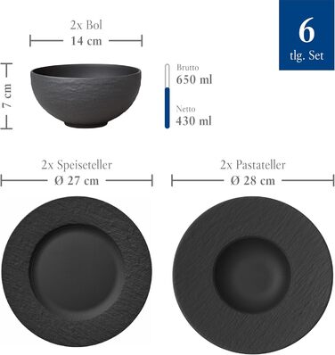Villeroy & Boch – Manufacture Rock Starter Set, 6-Piece, Black, Dishwasher Safe, Microwave Safe, Matte Black Dinnerware Set, Tableware Service, Dining Dishware, Premium Porcelain Starter Set | 6-Piece Black