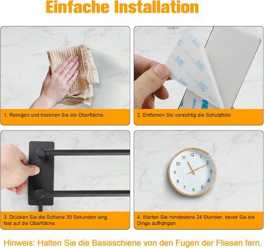 Тримач для рушників без свердління, 60 см, самоклеючий, з гачками, нержавіюча сталь, вологостійкий, для ванної кімнати та кухні (Чорний, 40 см)
