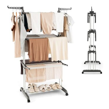 Сушарка для білизни COSTWAY 4-рівнева з колесами, розкладна, з 2 обертовими крилами, висувна, для дому та вулиці (сіра)