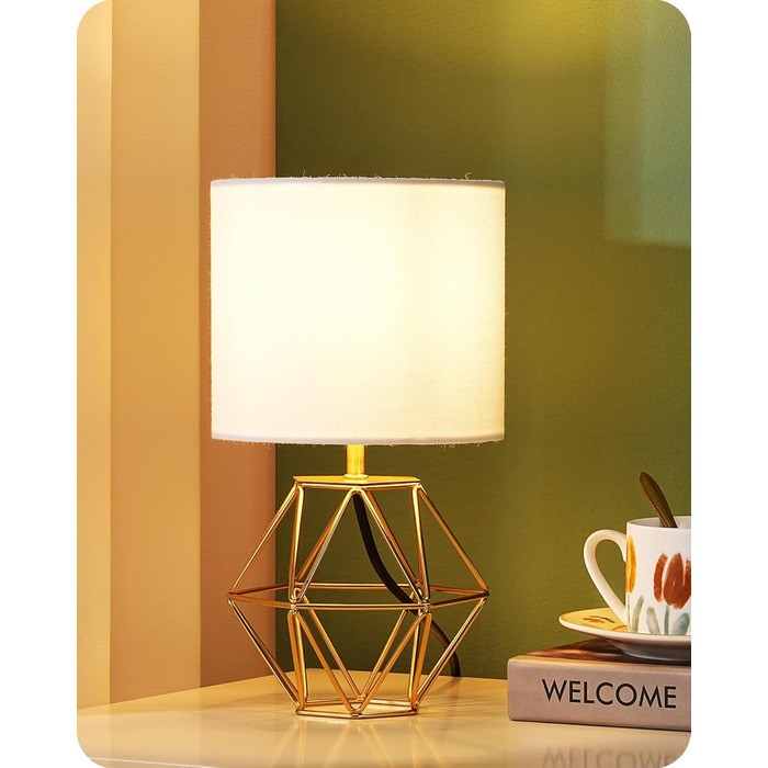 EDISHINE Настільна лампа, сучасний індустріальний дизайн, цоколь E14, вінтажний стиль, для спальні/вітальні, білий/золотий лін, золото