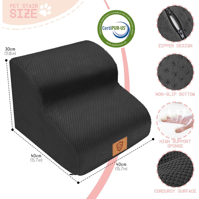 Myiosus Dog Stairs for Bed, 2-Step Foam Pet Stairs for Sofa with Removable Waterproof Cover, Non-Slip Dog Ramp Ladder for Small Dogs and Cats, 40 x 40 x 30 cm, Black