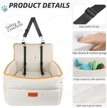 Washable Dog Car Seat for Small to Medium Dogs with Leash & Storage Pockets - Elevated Dog Bed for Back or Front Seat
