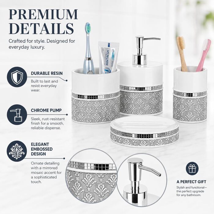 Набір аксесуарів для ванної кімнати Creative Scents Mirror Damask, 6 предметів (сірий та білий): дозатор мила, мильниця, стакан, тримач для зубних щіток, коробка для серветок, кошик для сміття