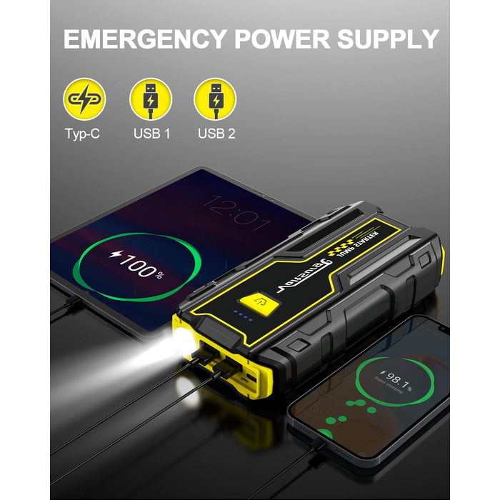 Powerbank Starthilfe 4000A: Зарядний пристрій для автомобіля 12V, Jump Starter, компактний та портативний