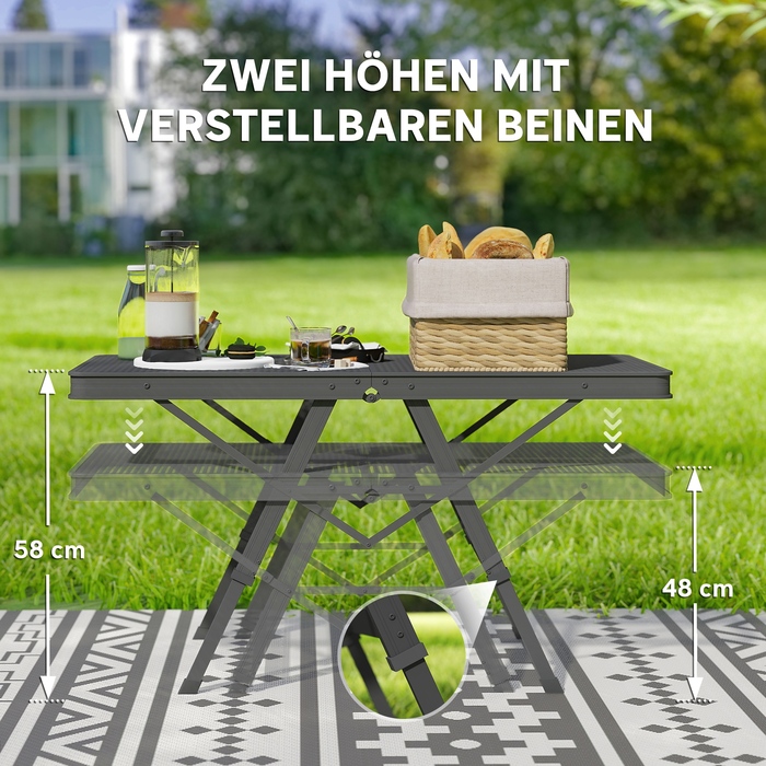 Outsunny Adjustable Height Folding Table, Folding Garden Table with Metal Grid, Lightweight Aluminum Multifunction Table, Side Table for Garden, Balcony, Camping, 90 x 40.5cm Black | Aosom