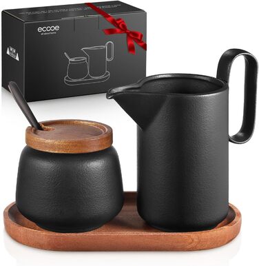 Набір для молока та цукру Ecooe: молочник і цукорниця з кришкою та металевою ложкою, кераміка, чорний колір