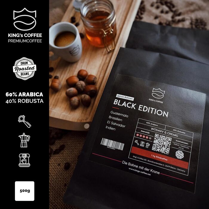 Кава в зернах King's Coffee Black Edition Crema Intense, міцна арабіка для автоматичних та ріжкових кавомашин, низька кислотність, обсмаження в Італії, 1 кг