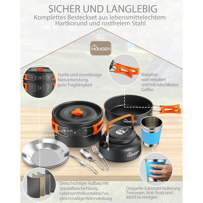 Набір кухонного посуду для кемпінгу HOMGEN: каструлі та сковорідки з алюмінію, легкий, для 2-3 осіб, з сумкою, для кемпінгу, пікніків, походів