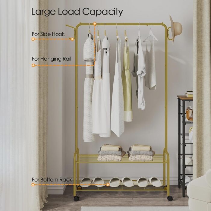 Clothes rack with 2-tier shelf, 3-in-1 design, clothes rack with 4 wheels, coat rack with 4 hooks for bags, Gold GR07499A