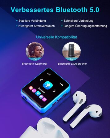 MP3 плеєр 32GB Bluetooth 5.0 з сенсорним екраном, Hi-Fi звук, металевий корпус, радіо, диктофон, підтримка до 128GB - блакитний