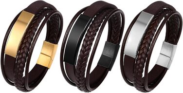 Чоловічий шкіряний браслет JewelryWe, ручної роботи, плетіння з кількох рядів, сталевий магнітний замок, регульований, для чоловіків та жінок (колір: коричневий, 3 шт.)