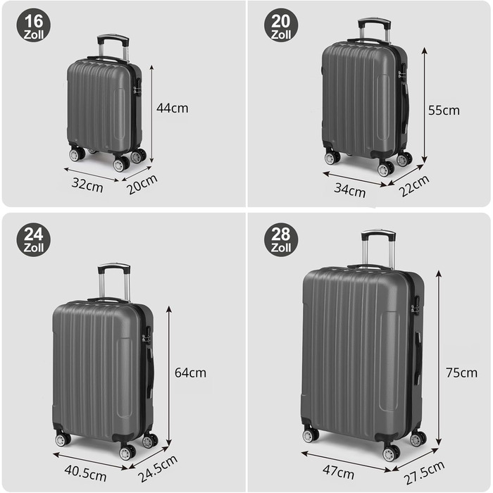 Набір валіз LALAHO 3/4/5 шт. з косметичками, з ABS пластику, сірий (4 шт.)