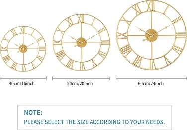 Maxstar Modern Roman Numeral Large Wall Clocks, Non-Ticking Round Metal Silent Vintage Wall Clock for Living Room, Kitchen, Bedroom, Garden Decor - Gold 40cm