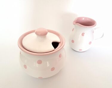 Sugar and Milk Set, White Milk Jug and Sugar Bowl with Hand-Painted Pink Dots, Sugar Bowl with Lid, Cream Jug made of Ceramic, Dishwasher Safe.