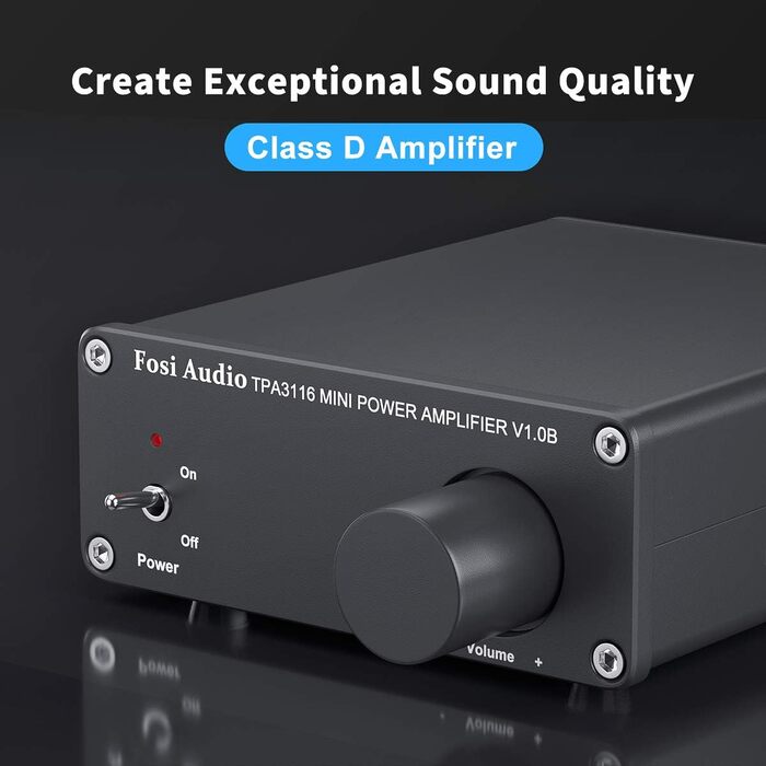 Fosi Audio V1.0B стерео підсилювач 2x50 Вт, 2-канальний міні Hi-Fi класу D, інтегрований TPA3116, з блоком живлення 19 В 4,74 А для динаміків