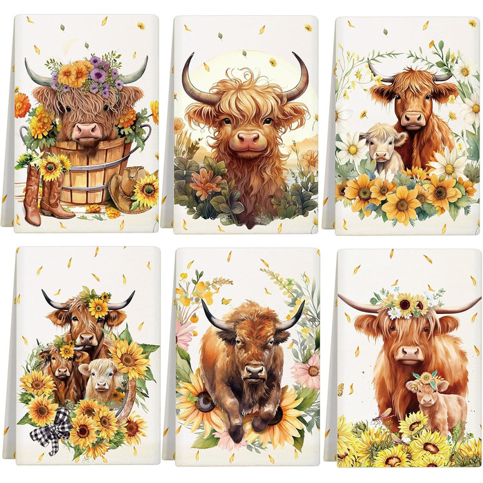 Redbaker Dishcloths with Highland Cow Design, Absorbent, Farm Cow, Watercolor Floral Pattern, Sunflower Towels, Housewarming Gift for Farmhouse, Kitchen, 6 Pieces