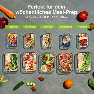 Набір контейнерів VonShef для зберігання їжі (10 шт.) – 1050 мл та 370 мл, придатні для духовки та мікрохвильової печі, миючі в посудомийній машині, герметичні та витікання, ідеальні для приготування їжі на тиждень