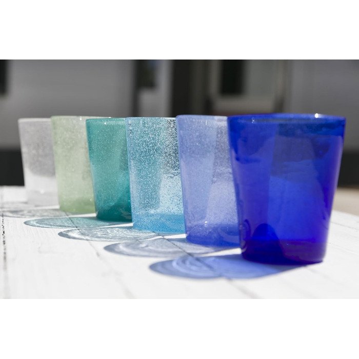 Villa d'Este Home Tivoli Cancun/Marea Set of 6 Water Glasses, 330 ml, made of hand-blown glass, with shades of blue