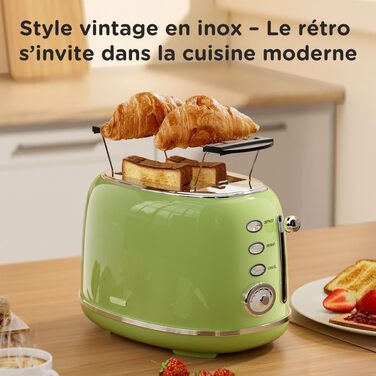 Ретро тостер на 2 шматочки з нержавіючої сталі, з підставою для бутербродів, 6 рівнів підсмажування, функція підігріву та розморожування, автоматичне відключення, ідеальний для тостів та бутербродів, TS-R008 (зелений)