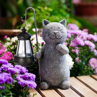 Yeomoo Cat Garden Statues for Outdoors with Solar Lantern – Funny Waterproof Solar Lamp Figure Garden Decor for Outdoors Balcony Terraces Gifts for Women Men Mom Birthday Fairy Garden Grey