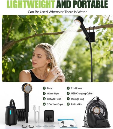 Акумуляторний душ для кемпінгу з LED-дисплеєм, чорний Campingdusche